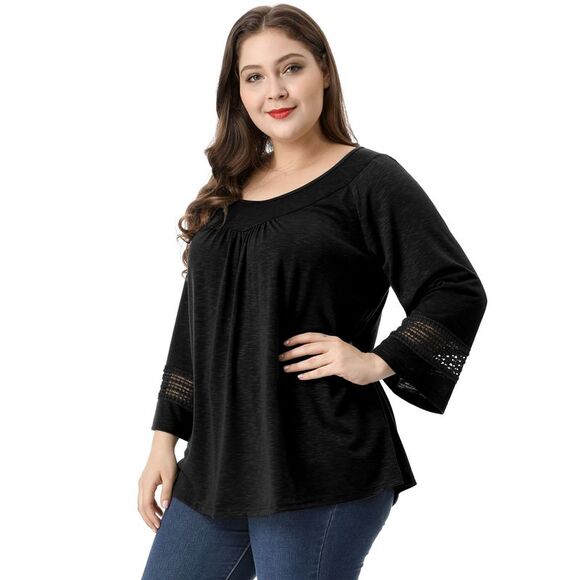 Women's Plus Size Crochet Panel Kimono Raglan Sleeves Tops Black - Picture 4 of 6